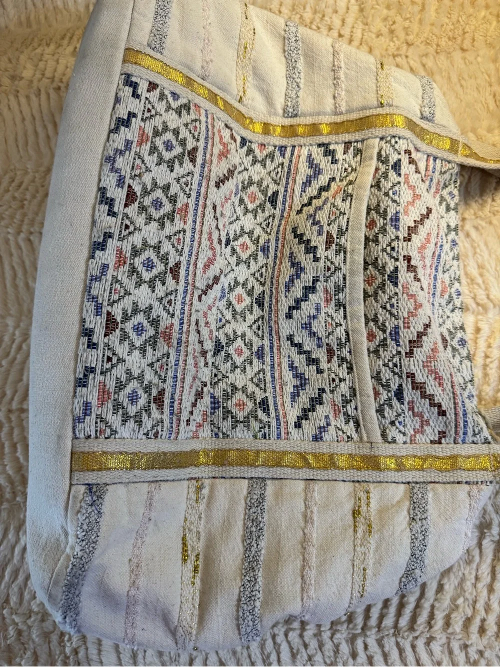 Boho White Tote with Pink, Gold and Brown Accents preloved can be cleaned